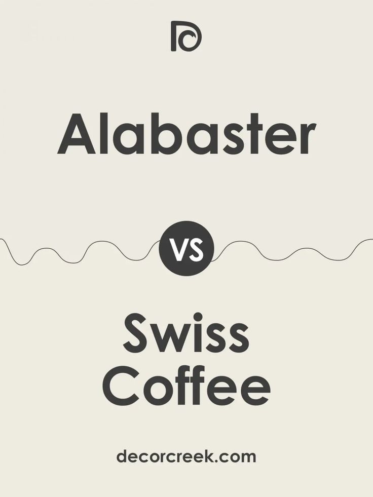 The image shows a comparison between two colors, "Alabaster" and "Swiss Coffee." "Alabaster" is written at the top with a wavy line beneath it, and "Swiss Coffee" is written at the bottom. In the middle is a black circle containing the word "VS," emphasizing the contrast between the two shades. The background is neutral, with the upper section showing a slightly warmer tone for "Alabaster" and the lower section representing the softer, off-white hue of "Swiss Coffee." Alabaster Paint Scheme, Alabaster Color Palette, House Paint Schemes, Swiss Coffee Paint Color, Alabaster Paint, Sw Alabaster, Swiss Coffee Paint, Coffee Paint, Alabaster Color