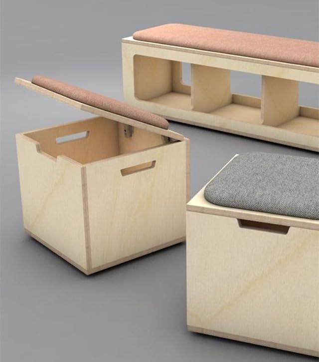 three wooden boxes with different colored cushions on the top and bottom, one is empty