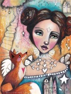 a painting of a woman with a fox on her shoulder and stars around her neck