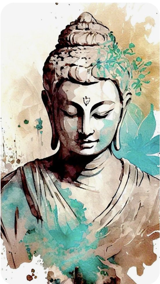 the buddha statue is painted with watercolors