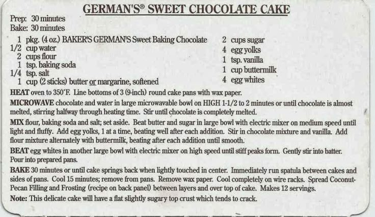 the ingredients for german sweet chocolate cake are shown in this recipe card, which includes information on how to make it