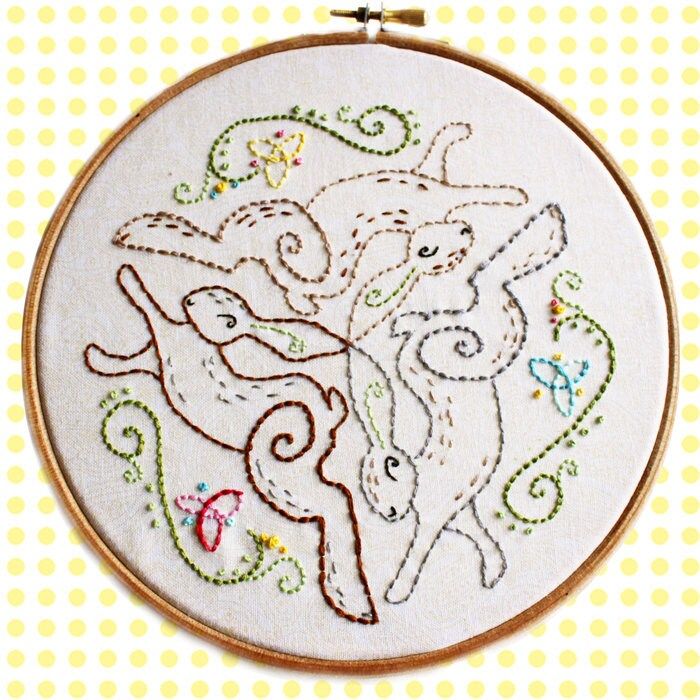 an embroidered hoop with some animals on it