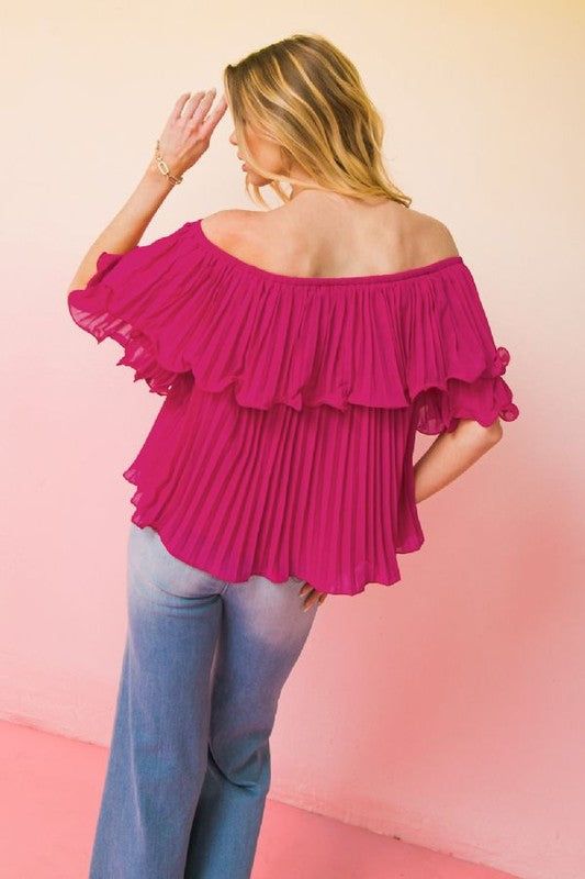 Fuchsia Pleated Top by Bella Chic Fashion Product Description: This cute top features a solid woven top featuring off shoulder neckline with ruffled flounce, fully pleated blouse with short sleeve Details Self: 100% Polyester Lining: 100% Polyester Size & Fit - Model is 5'8" And Wearing Size Small - Measurements Taken From Size Small - Approx. Length: 16" Pink Chiffon TopOff the Shoulder TopAccordion TopBaby Doll Top Off Shoulder Neckline, Pink Chiffon, Pleated Top, Pleat Top, Pleated Blouse, Woven Top, Chic Fashion, Cute Top, Sleeve Detail