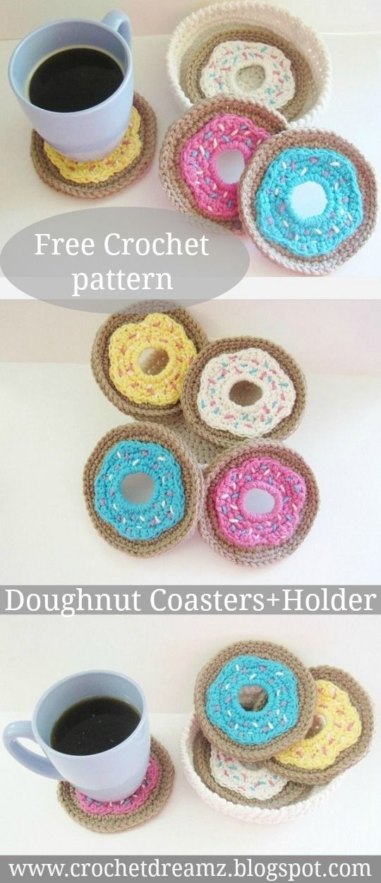 crochet coasters with donuts on them and coffee cup in the middle