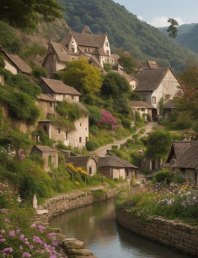 a river running through a lush green hillside next to small village houses on top of a hill