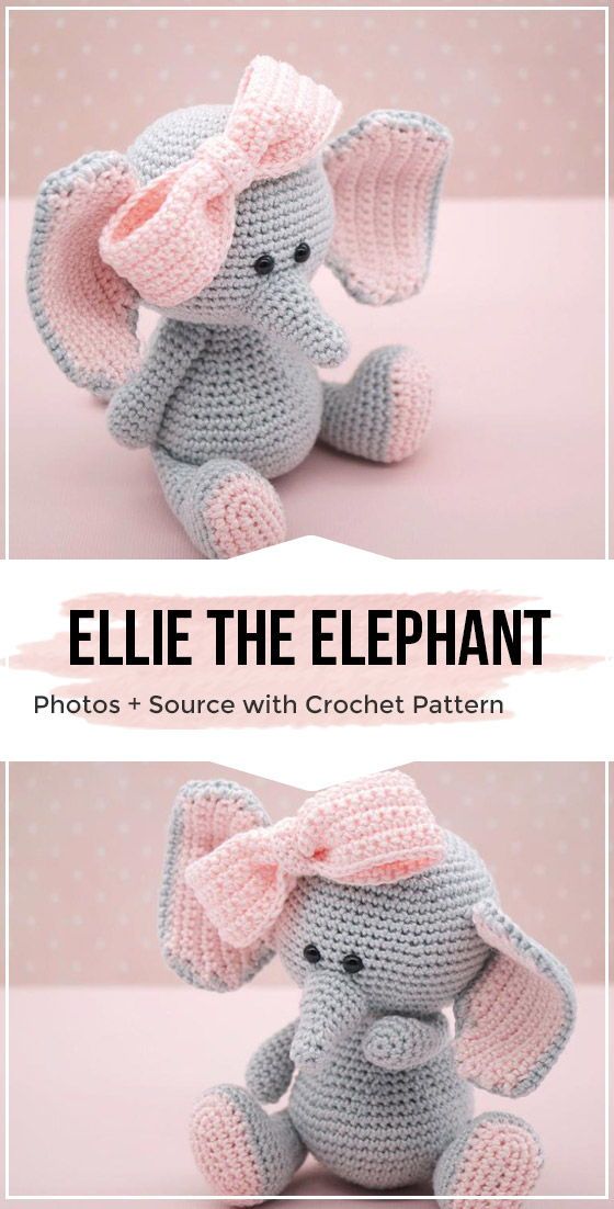 an elephant stuffed animal with a pink hat on it's head and the words, eliie the elephant photos + source with crochet pattern