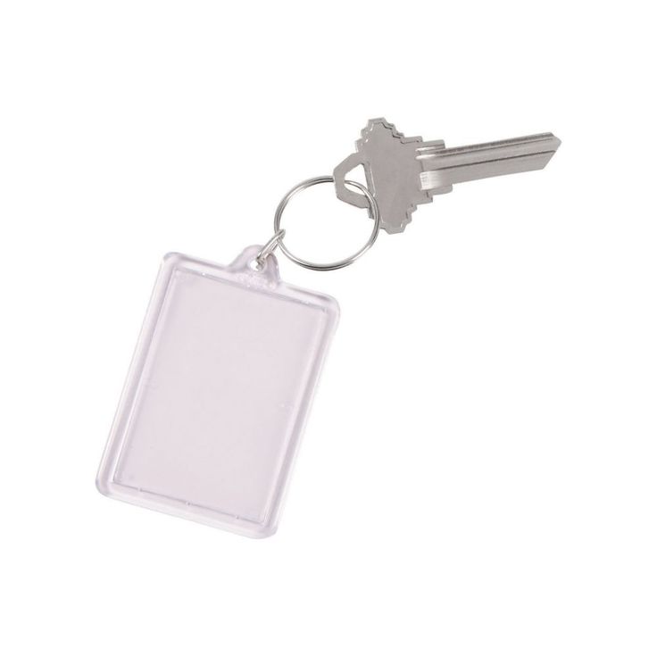 a keychain with a blank plastic tag hanging from it's side on a white background