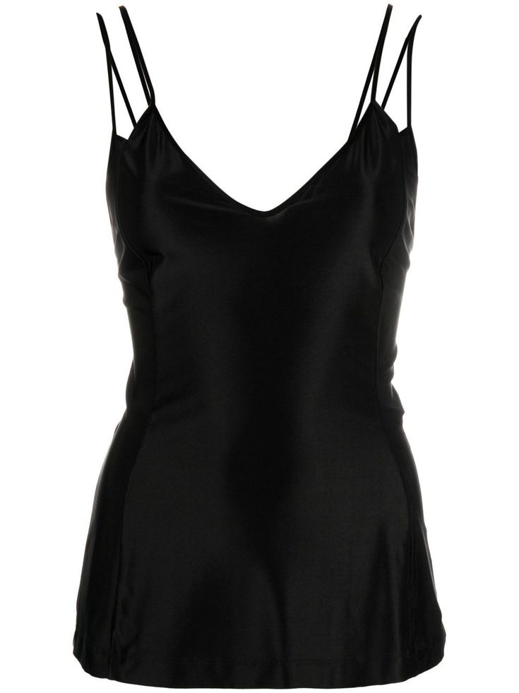 black stretch-design high-shine finish double-strap design V-neck spaghetti straps slim cut straight hem Fitted V-neck Camisole With Adjustable Straps, V-neck Camisole With Delicate Straps For Night Out, V-neck Top With Adjustable Straps For Night Out, Black Camisole With Adjustable Straps For Evening, Formal V-neck Camisole, Chic Fitted Tank Top With Wide Straps, Elegant Fitted Tank Top With Wide Straps, Chic Fitted Tank Top With Straps, Evening Cami Tank Top With Adjustable Straps