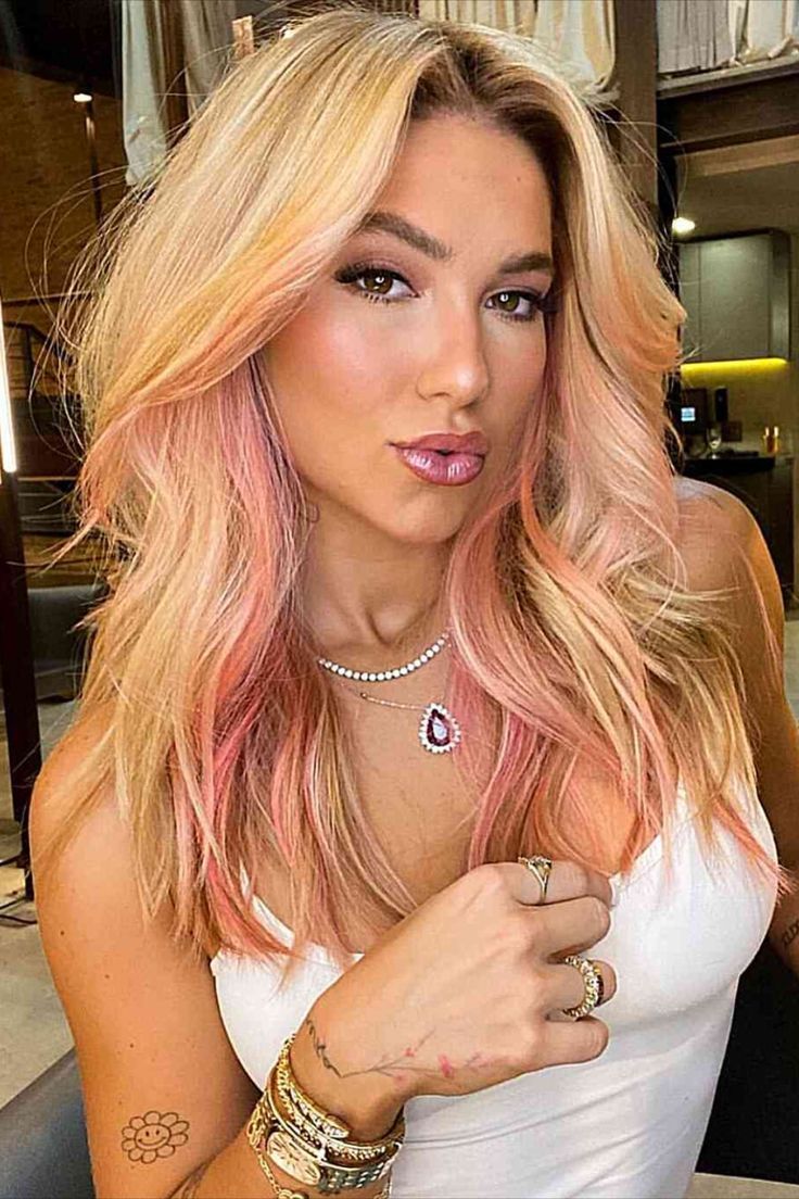 Golden Blonde Hair with Light Pink Peekaboo Highlights Pink Peekaboo Hair, Pink Hair Streaks, Pink Hair Highlights, Blonde Hair With Pink Highlights, Peekaboo Highlights, Pink Blonde Hair, Peekaboo Hair, Golden Blonde Hair, Straight Blonde Hair