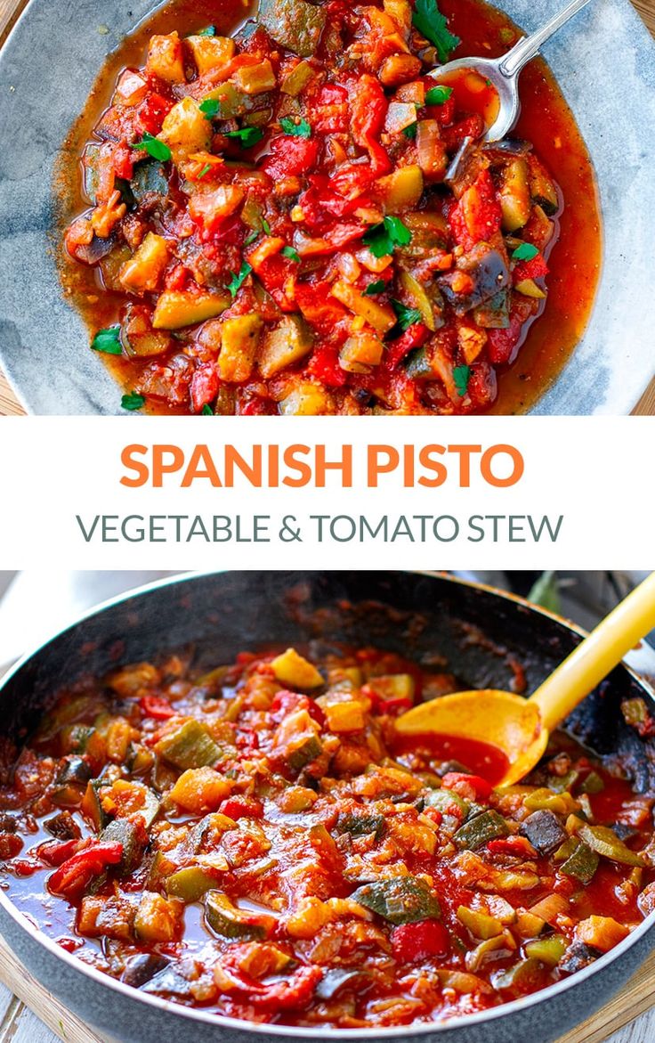 spanish dish with vegetables and tomato stew in a skillet