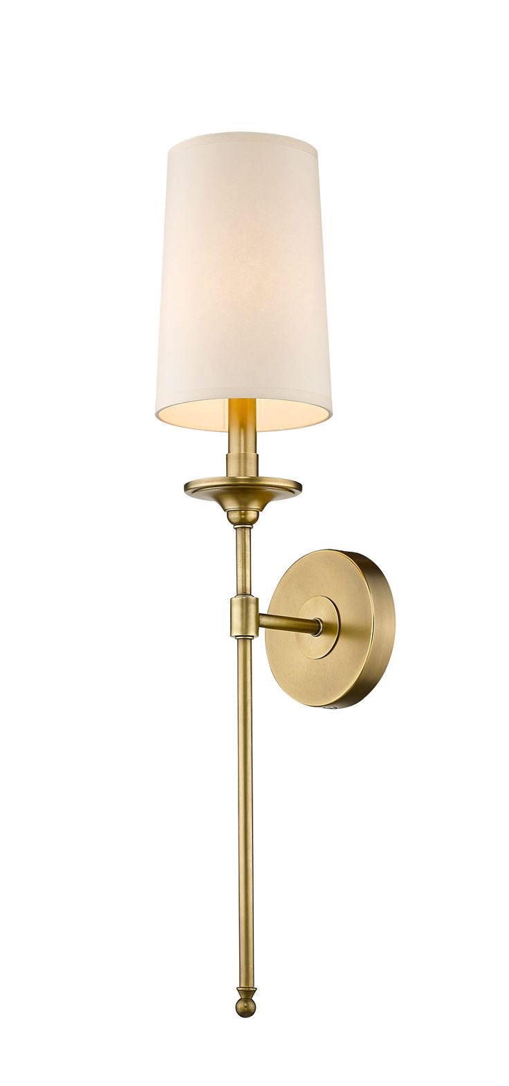 a wall light with a white shade on the top and bottom part of it's arm