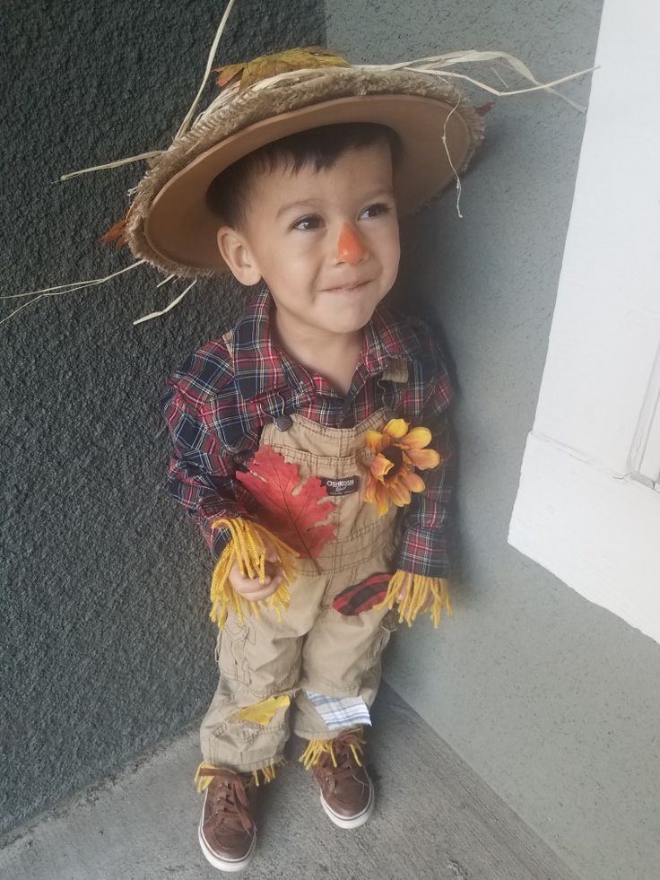 a young boy wearing a scarecrow costume