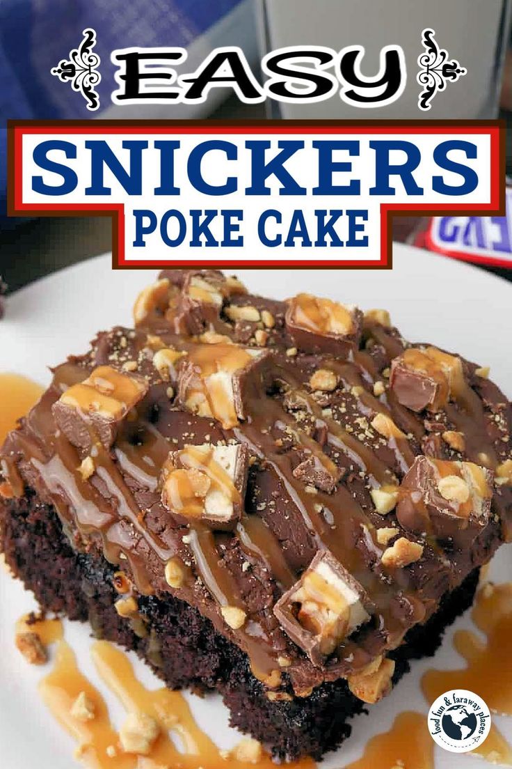 easy snickkers poke cake on a white plate with caramel drizzle