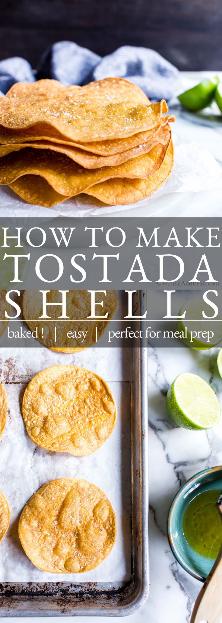 1. Tostada Shells stacked up sprinkled with salt. 2. Small tostada shells on a sheet pan. Making Tostada Shells In Oven, Flour Tortilla Tostadas, Crispy Tortillas In Oven, Baking Tortillas In The Oven, Tortilla Shells In Oven, Tostado Shell Recipes, Tostadas With Corn Tortillas, Baking Corn Tortillas In Oven, Bake Corn Tortillas In Oven