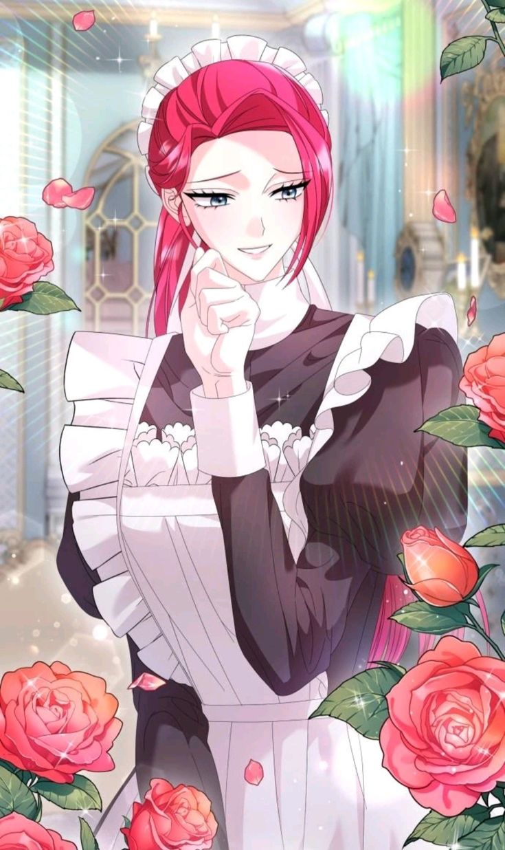 a woman with red hair and white dress standing in front of pink roses, holding her hand to her face