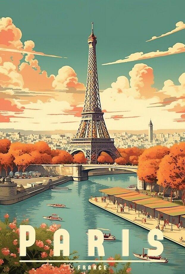 a painting of the eiffel tower in paris, france with trees and flowers around it