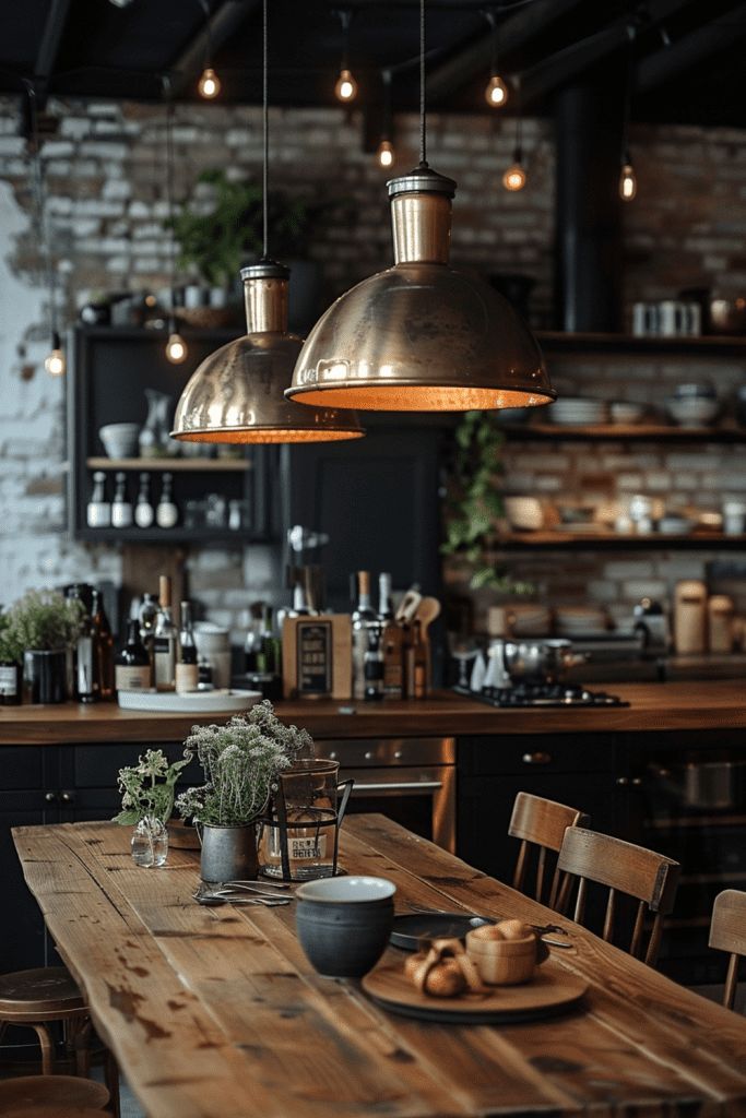 a wooden table topped with plates and bowls filled with food next to lights hanging from the ceiling