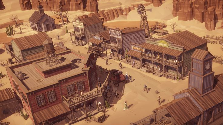 an old western town in the desert with people walking around and buildings on each side