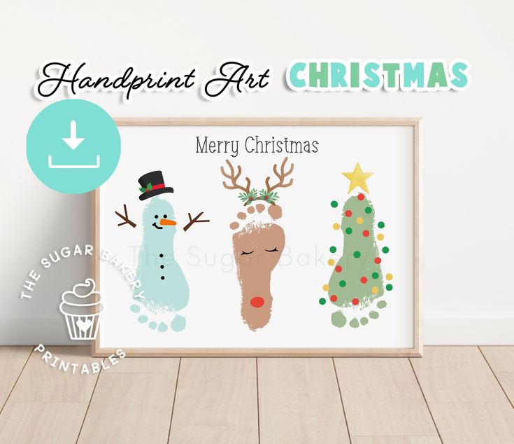 a wooden frame with christmas pictures on it and the words handprint art merry christmas