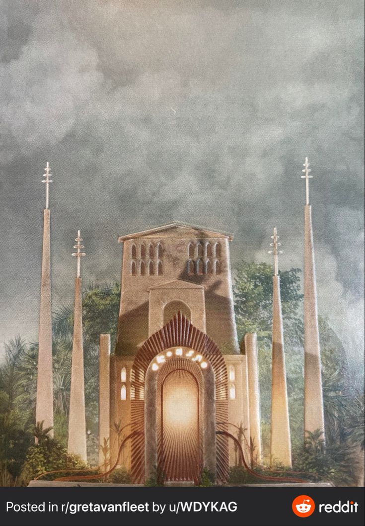 a painting of an entrance to a building with tall pillars and arches in the background