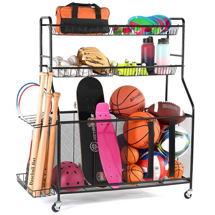 a metal rack with basketballs, gloves and other sports equipment on it's sides