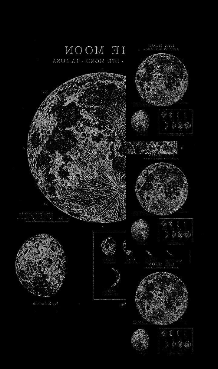 the moon is shown in this black and white poster, with different phases on it