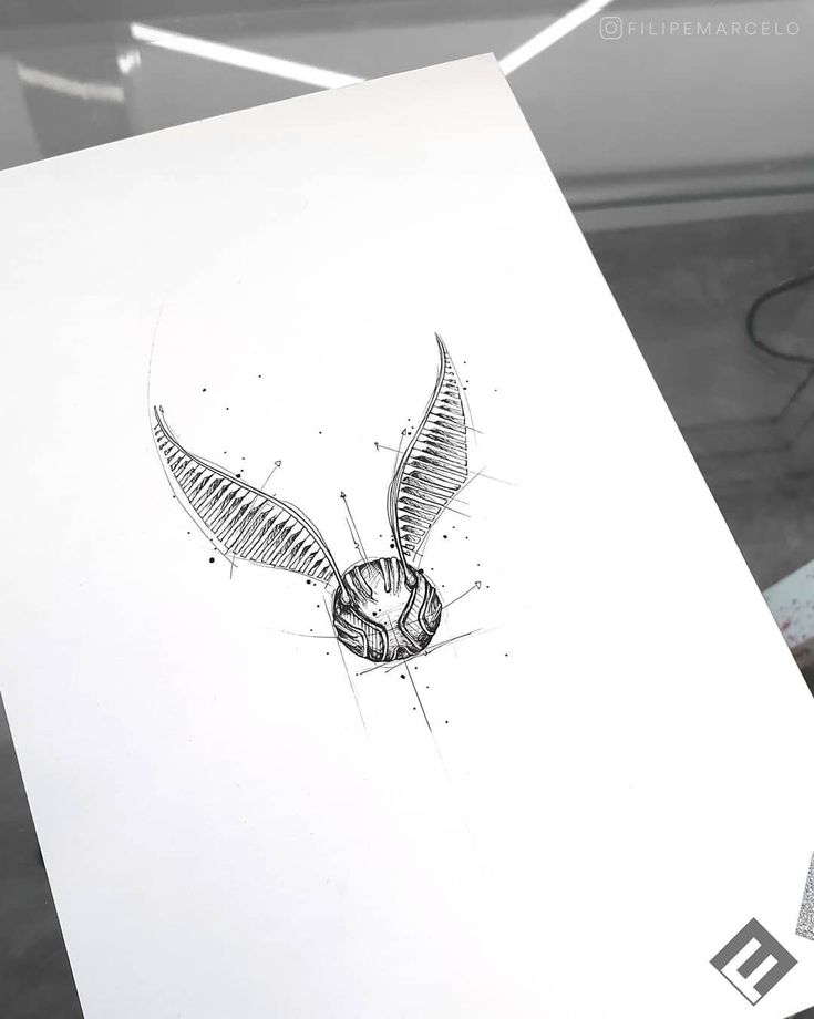 a drawing of an owl with wings on paper