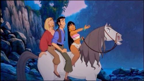 the road to el dorao is shown in this animated scene with three people riding on a horse