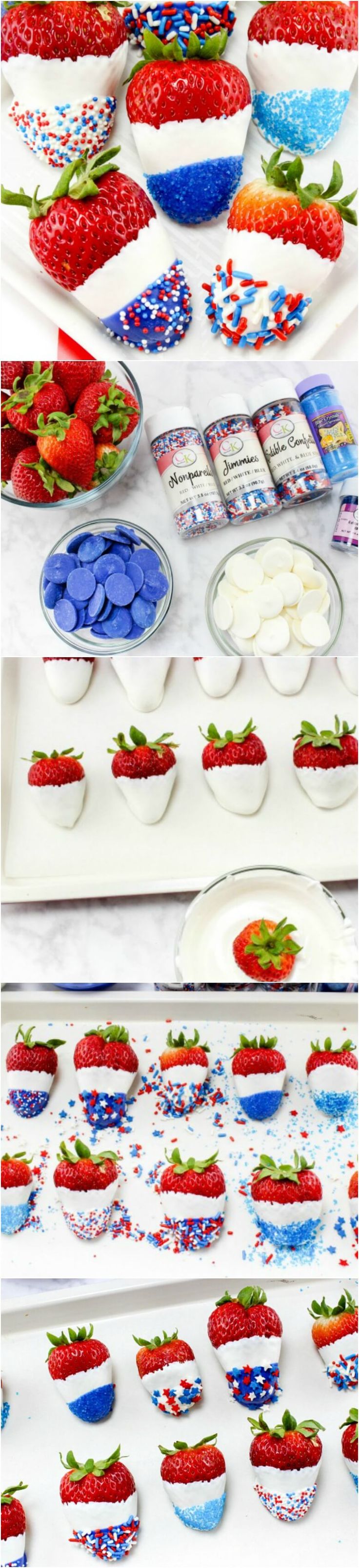 some plates and bowls filled with strawberries on top of a white table covered in red, white and blue decorations