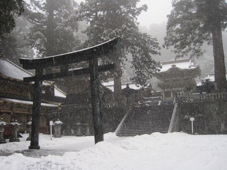 a snowy day with snow falling on the ground and steps leading up to an entrance