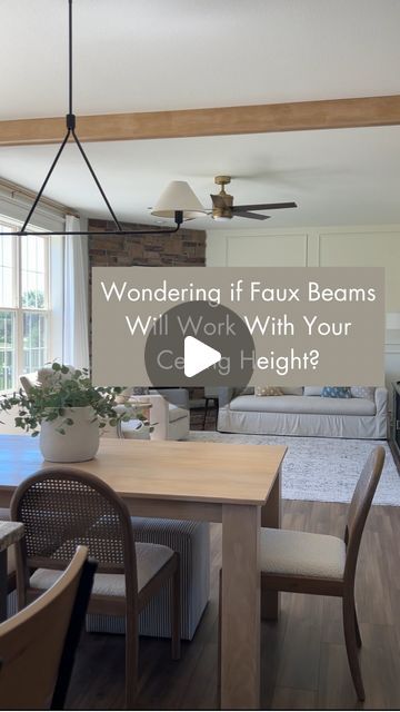 a dining room table with chairs around it and the words wondering if faux beams will work with your carpet height?