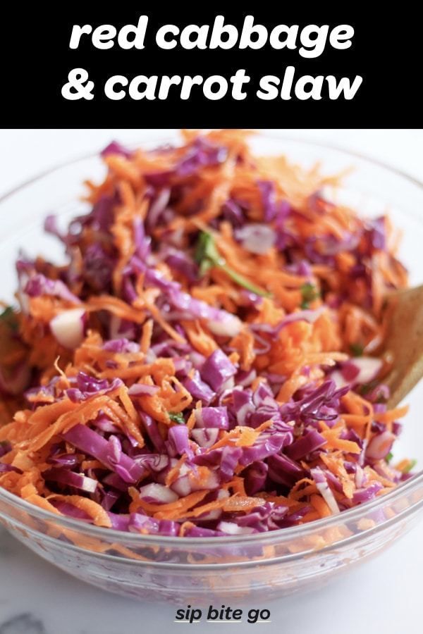 red cabbage and carrot slaw in a glass bowl