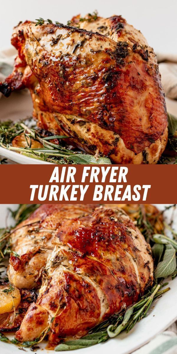 air fryer turkey breast on a plate with herbs