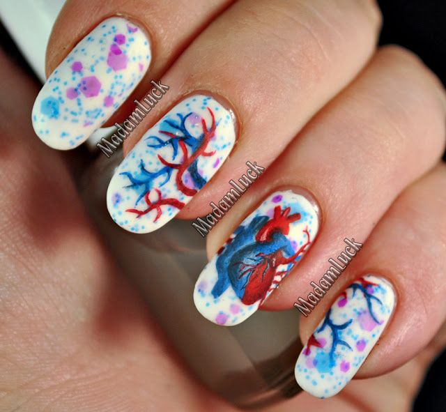 Heart Anatomy Manicure by Madamluck Nurse Nails, Heart Nail Art, Nail Art Designs Summer, Nail Art Brushes, Heart Nails, Valentines Nails, How To Do Nails, Beautiful Nails, Makeup Nails