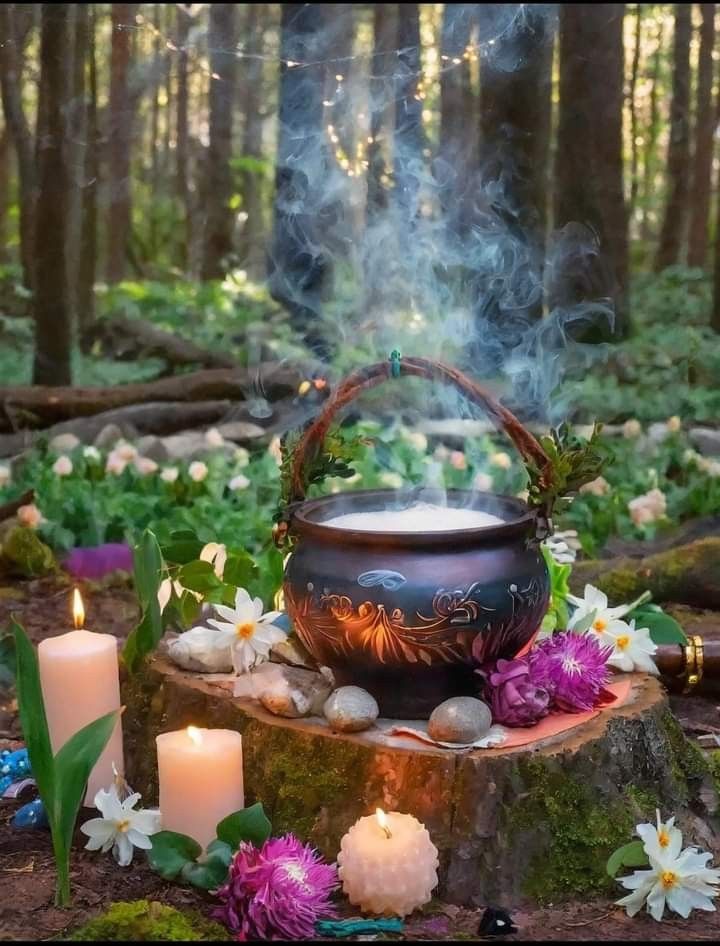 a pot is sitting on a stump in the woods with flowers and candles around it