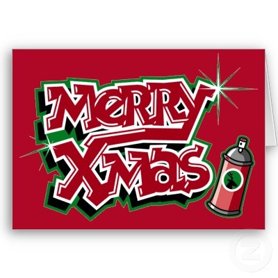 merry xmas greeting card with spray paint on red background and green lettering in the middle