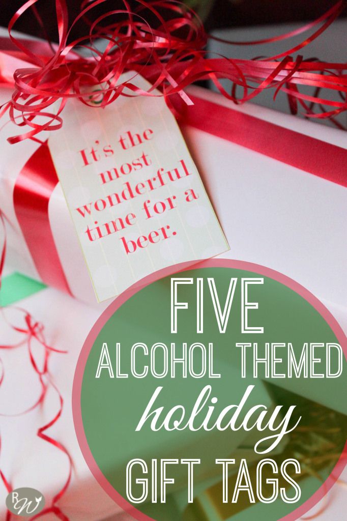 five alcohol - themed holiday gift tags with text overlay that reads five alcohol - themed holiday gift tags