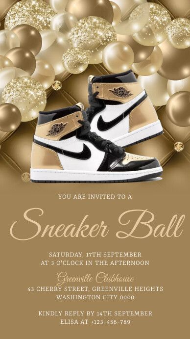 an image of a birthday party with gold and black shoes on the front, balloons in the background