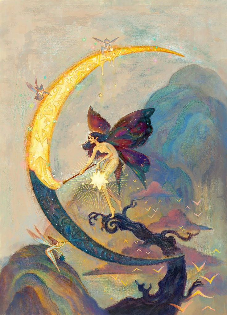 a painting of a fairy sitting on the moon