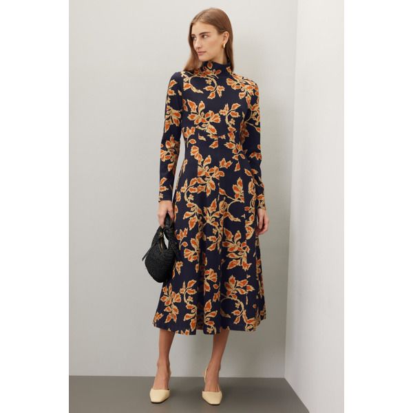 Multicolor floral (55% Rayon, 30% Polyester, 5% Elastane). A-line. Long sleeves. Turtleneck. Back zipper closure. 49.5" from shoulder to hemline. Imported. Floral Print A-line Midi Dress For Evening, Chic Floral Dress For Fall, Evening A-line Midi Dress With Floral Print, Elegant Fall Floral Print Dress, Floral Print Midi Dress For Work, A-line Floral Print Workwear Dresses, A-line Midi Dress With Floral Print, Elegant Fall Floral Midi Dress, Floral Print A-line Midi Dress