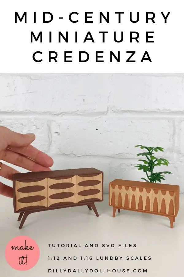 the miniature furniture is made out of wood and has a plant in front of it