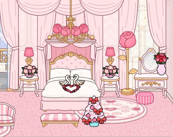 a cartoon bedroom with pink walls and furniture