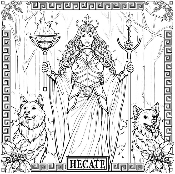 a coloring page with an image of a woman holding a staff, surrounded by two dogs