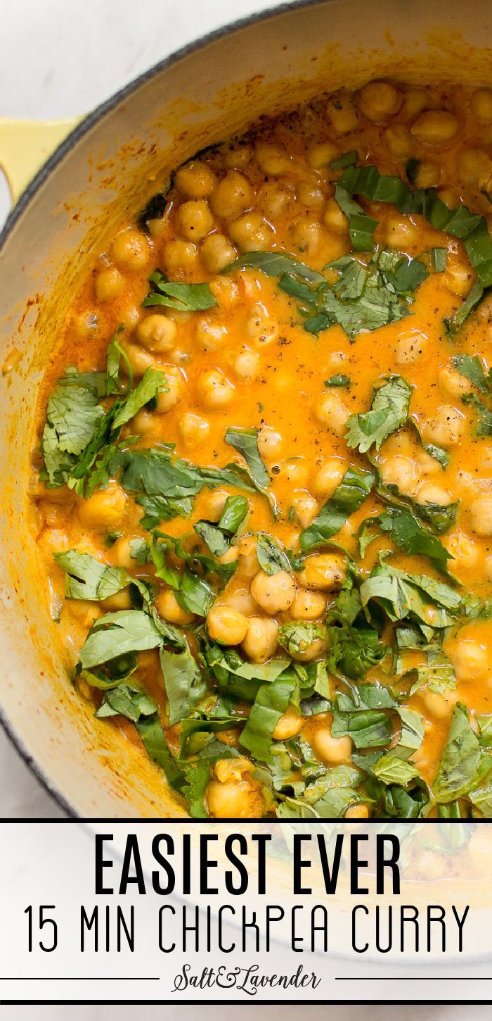 a dutch oven with curry and text overlay that reads easiest ever 15 min chickpea curry Chickpea Spinach Curry, Chickpea Spinach, Vegan Chickpea Curry, Chickpea And Spinach Curry, Chickpea Curry Recipe, Vegan Chickpea, Spinach Curry, Red Curry Paste, Slim Fast