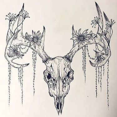 a drawing of a deer skull with flowers on it's antlers and horns