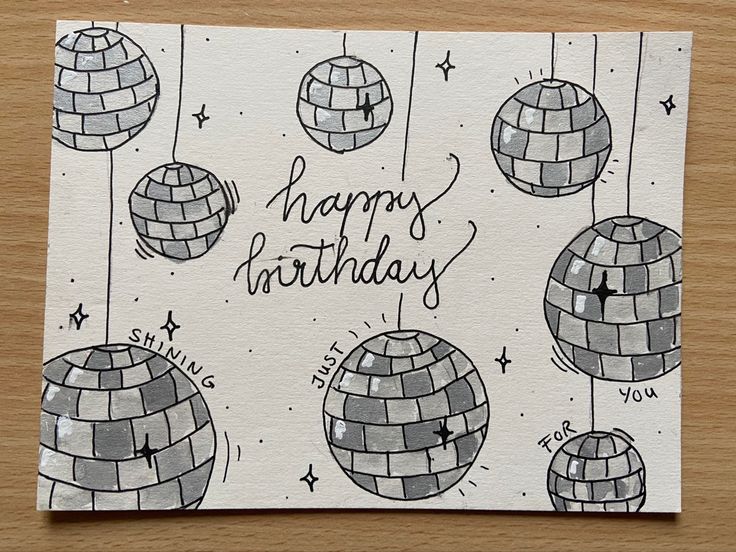 a happy birthday card with disco balls on it