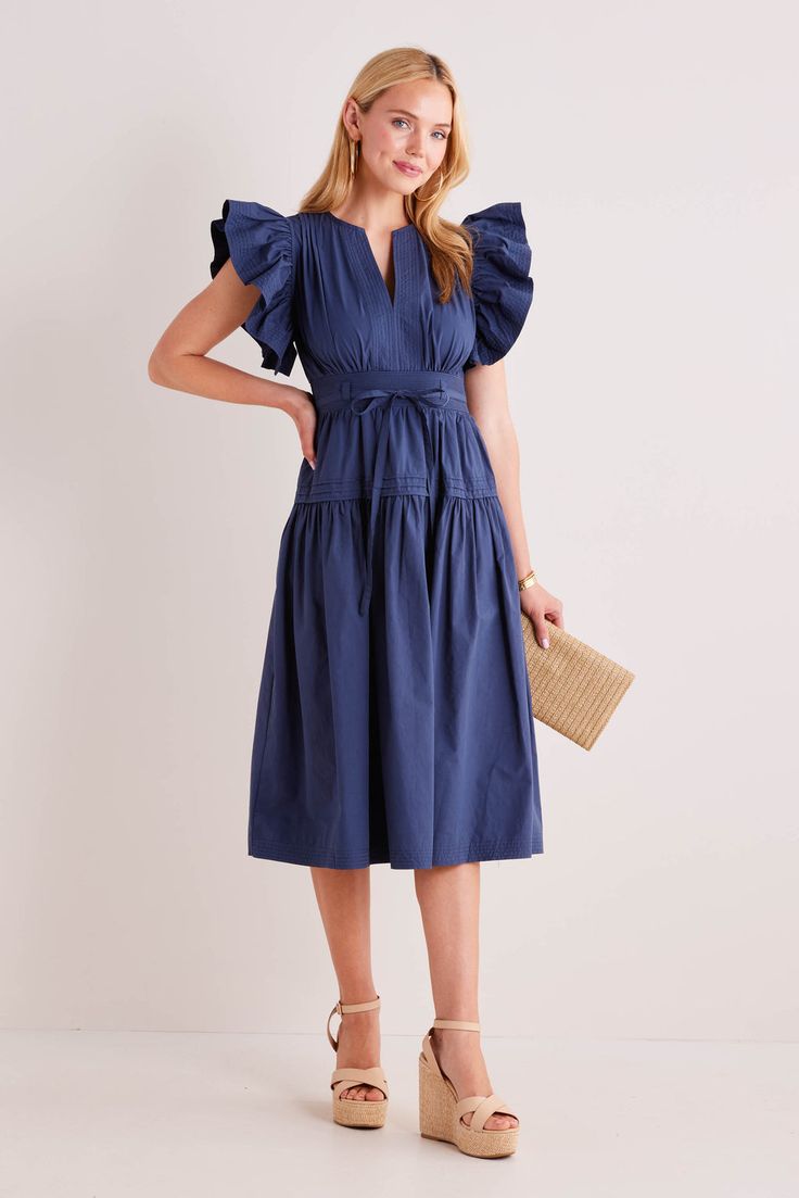 Amalia Dress- Navy Chic Flutter Sleeve Dress With Tie Waist, Chic Short Sleeve Dress With Tie Sleeves, Elegant Belted Dress With Flutter Sleeves, Elegant Flutter Sleeve Belted Dresses, Chic Dress With Ruffle Hem And Butterfly Sleeves, Chic Dresses With Tie Sleeves For Workwear, Chic Brunch Dresses With Tie Sleeves, Workwear Dress With Ruffle Hem And Flutter Sleeve, Workwear Dress With Ruffle Hem And Sleeves