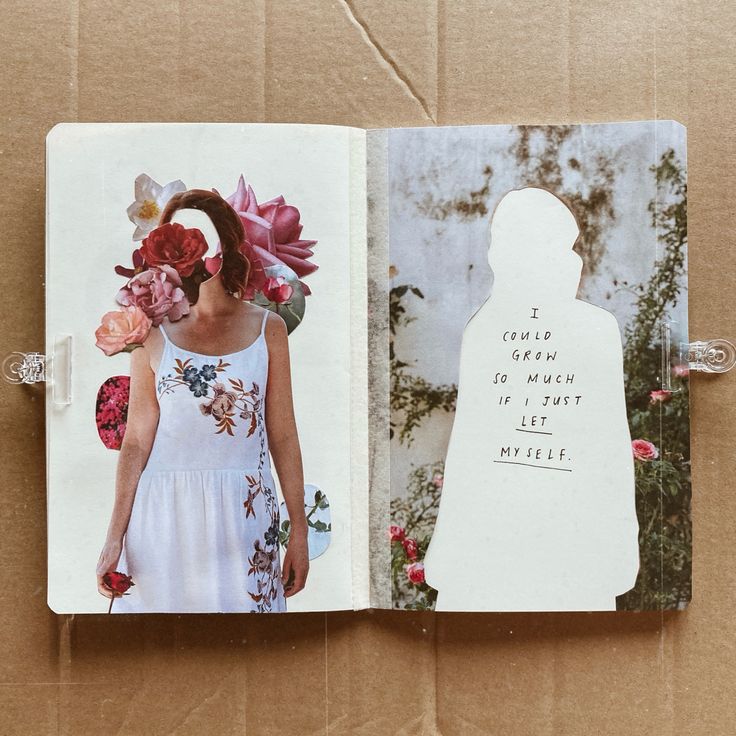 an open book with pictures and words on the pages, including a woman's silhouette