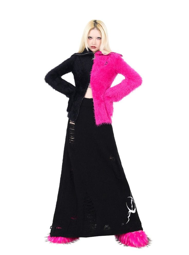 Striking jacket with a dramatic split design: half hot pink, half black. Features a high collar and fitted silhouette. The contrasting colors create a bold visual effect, perfect for making a statement. Ideal for fashion-forward individuals seeking unique outerwear or those who love edgy, avant-garde styles. Material Info100% nylon Model info Height: 160cm Weight: 43kg Wearing size: S Y2k Pink Sweater For Fall, Punk Style Pink Long Sleeve Outerwear, Y2k Pink Outerwear For Fall, Fitted Sweater For Spring Streetwear, Pink Punk Outerwear For Streetwear, Edgy Sweater For Streetwear, Punk Style Long Sleeve Outerwear For Night Out, Y2k Black Outerwear For Fall, Pink Punk Outerwear For Spring