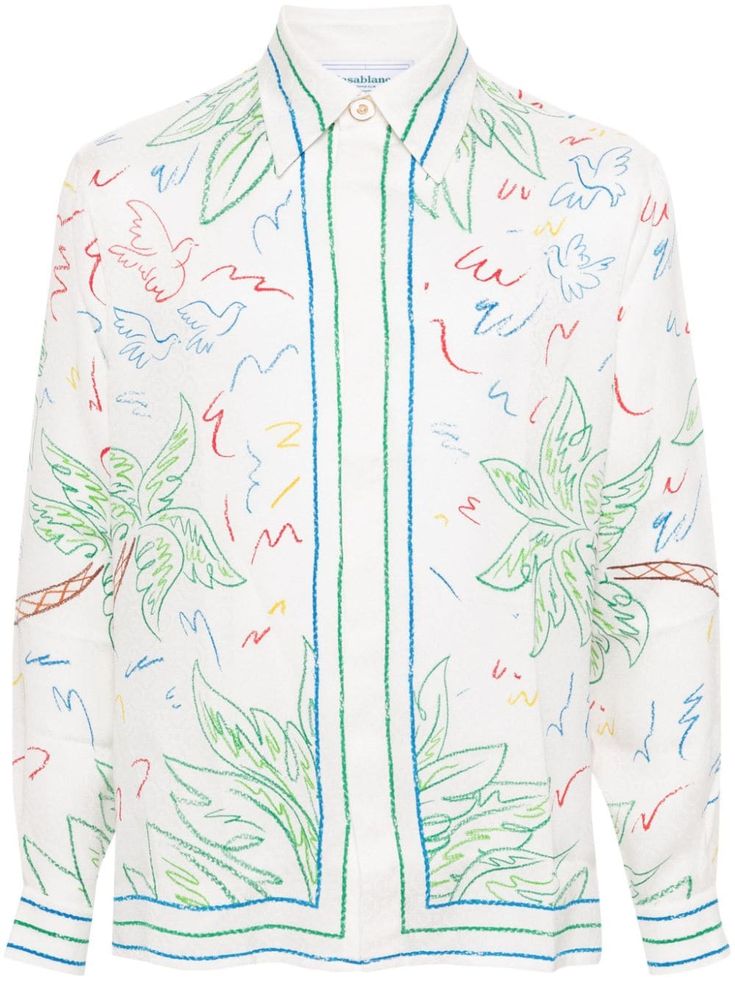 white silk all-over tonal jacquard logo motif Crayin Tennis Club multicolour print pointed flat collar long sleeves buttoned cuffs logo print to the rear straight hem concealed front button fastening When buying this unisex item, keep in mind that it is graded in standard men's sizing. Hawaii Shirts, Pointed Flat Collar, Printed Silk Shirt, Tennis Club, City Shorts, Tennis Clubs, Flat Collar, Club Shirts, Balenciaga Triple S